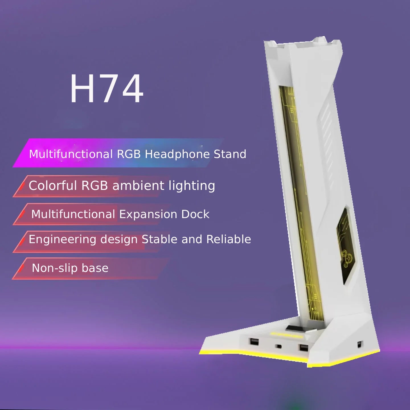 New H74 RGB Gaming Headphone Stand USB Hub Anti-Slip Base LED Light Desktop Organizer for PC Gamers