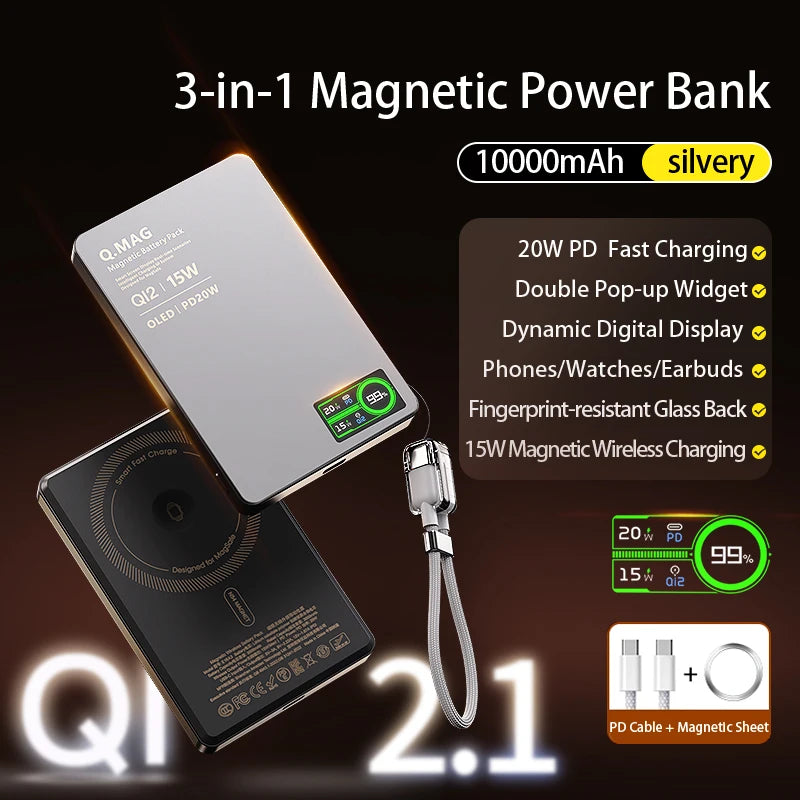 Wireless Magnetic Powerbank Fast Charing Spare Portable External Battery for iPhone 12-17 Promax Watch Airpods 5000/10000mAh