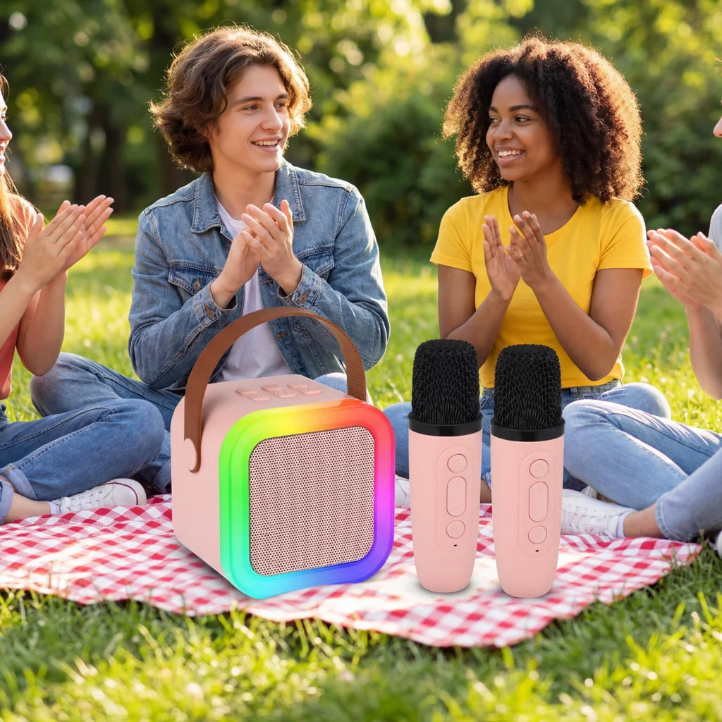 Portable Mini Karaoke Machine With 2 Wireless Microphones Bluetooth 5.0 Speaker RGB Lights Voice Change for Home Party Kids Gift