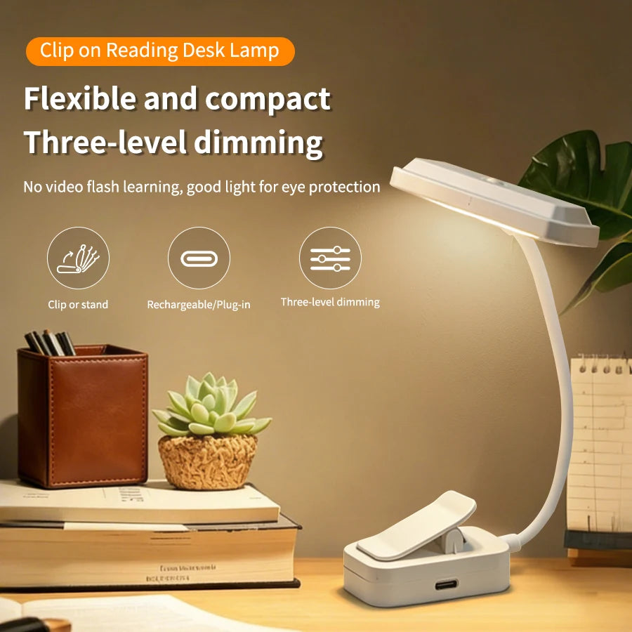Mini Rechargeable Desk Lamp with Clip Eye Protection Portable Book Light 3 Colors Night Light Student Bedside Study Reading Lamp