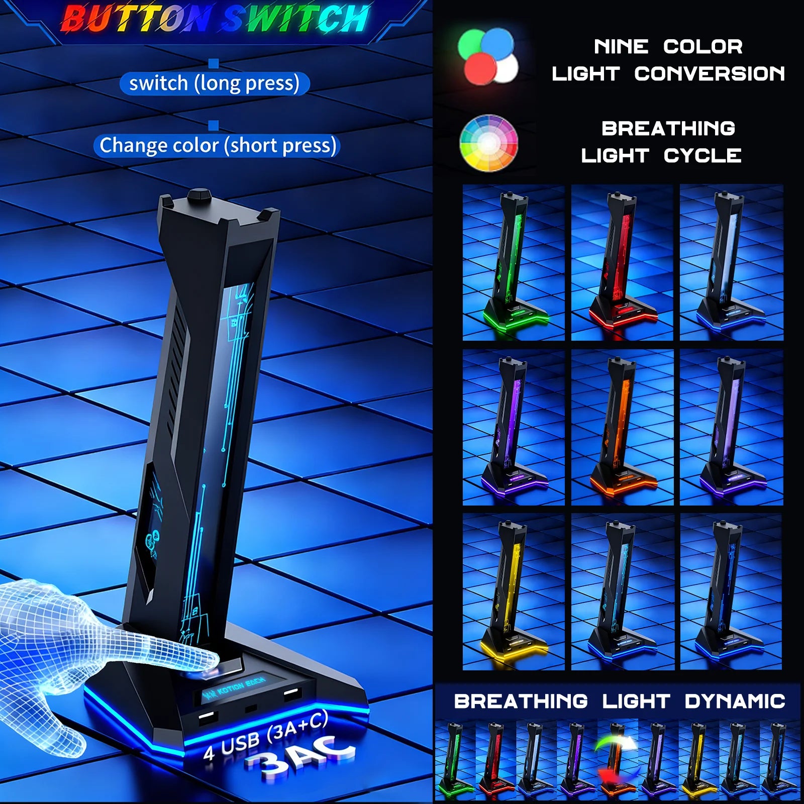 New H74 RGB Gaming Headphone Stand USB Hub Anti-Slip Base LED Light Desktop Organizer for PC Gamers