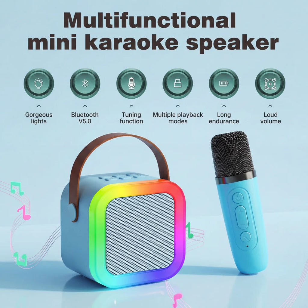 Portable Mini Karaoke Machine With 2 Wireless Microphones Bluetooth 5.0 Speaker RGB Lights Voice Change for Home Party Kids Gift