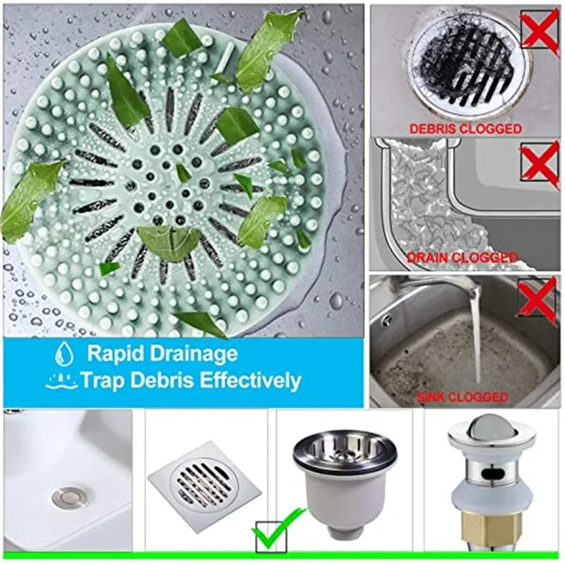 2Pcs Round Silicone Drain Hair Catcher, Kitchen Sink Strainer Bathroom Shower Bath Stopper Drain Cover Hair Trap for Kitchen