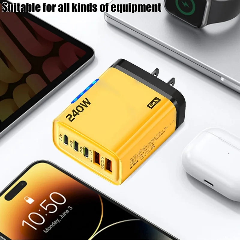 5 in 1 GaN Desktop Charger 240W Fast Charging Adapter 10A USB To TypeC Cable 3PD 2 USB Charger For IPhone 16 15pro Laptop