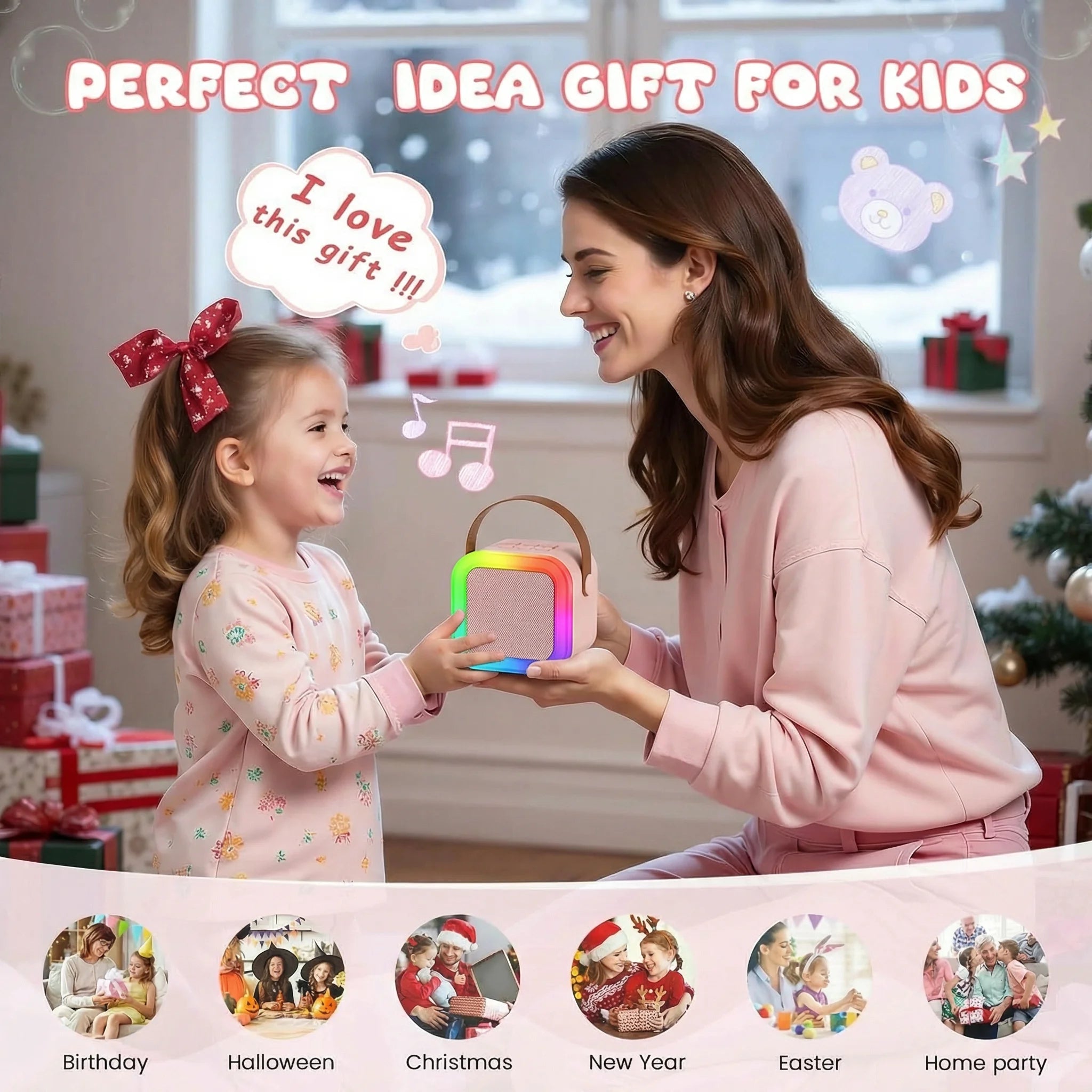 Portable Mini Karaoke Machine With 2 Wireless Microphones Bluetooth 5.0 Speaker RGB Lights Voice Change for Home Party Kids Gift