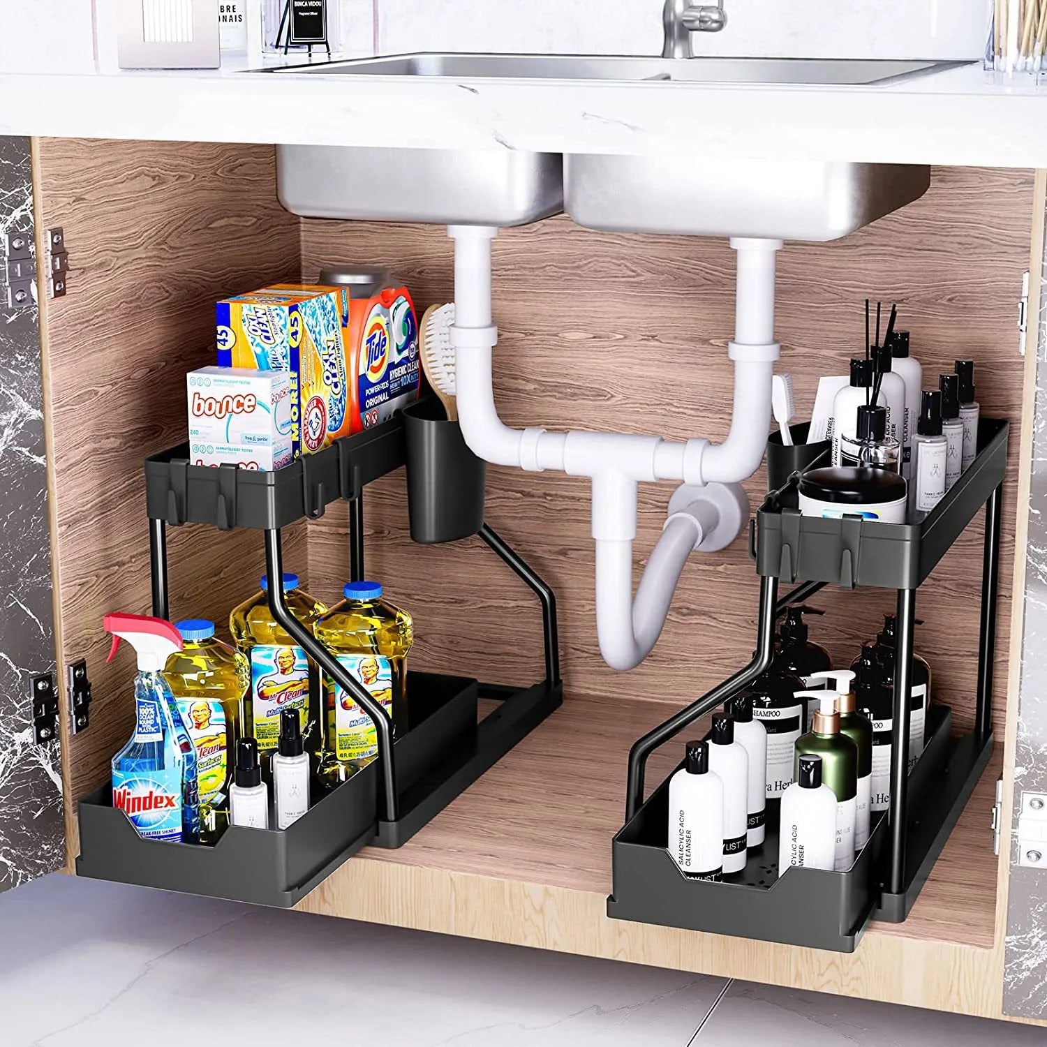 Space Saving 2 Tier Under Sink Organizer,Pull Out Storage Box Durable Large Capacity Kitchen Bathroom Essential Drawer Organizer
